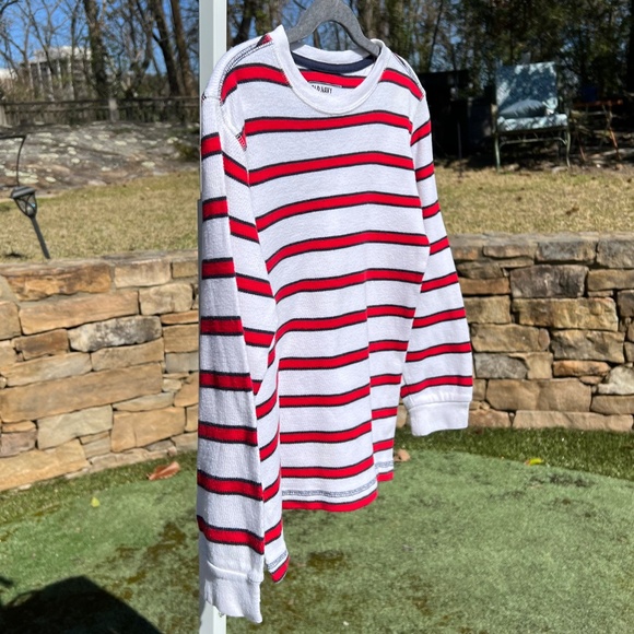 Old Navy White Long-Sleeve, Waffle-Knit Shirt with Red and Navy Stripes - Picture 3 of 11